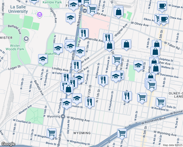 map of restaurants, bars, coffee shops, grocery stores, and more near 1201 Lindley Avenue in Philadelphia