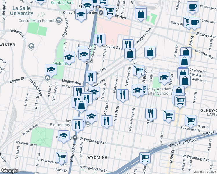 map of restaurants, bars, coffee shops, grocery stores, and more near 5109 North 12th Street in Philadelphia