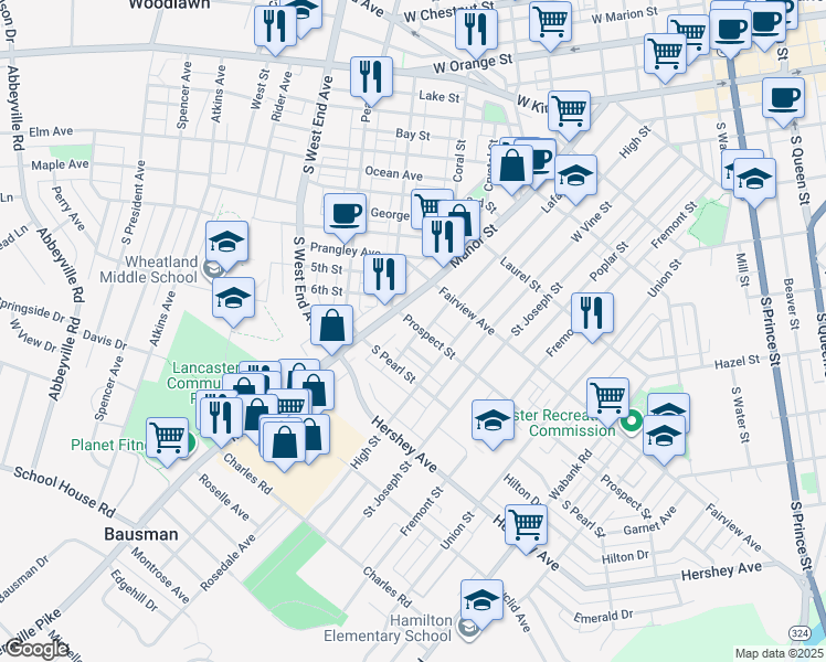 map of restaurants, bars, coffee shops, grocery stores, and more near 34 Prospect Street in Lancaster