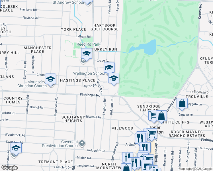 map of restaurants, bars, coffee shops, grocery stores, and more near 3600 Reed Road in Columbus