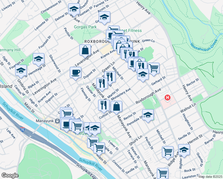 map of restaurants, bars, coffee shops, grocery stores, and more near 4358 Pechin Street in Philadelphia