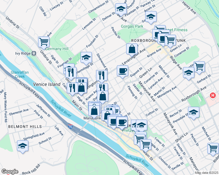 map of restaurants, bars, coffee shops, grocery stores, and more near 232 Dupont Street in Philadelphia