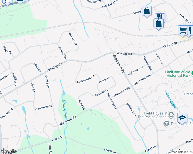 map of restaurants, bars, coffee shops, grocery stores, and more near 9 Applewood Road in Malvern