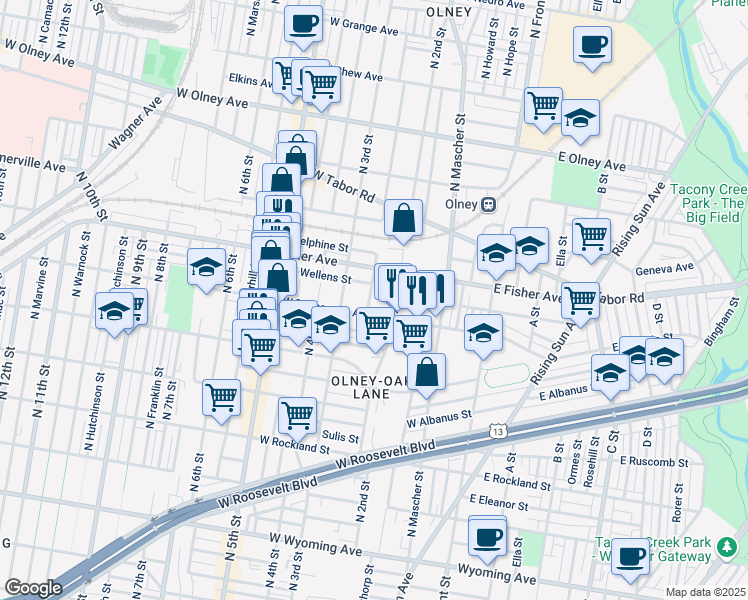 map of restaurants, bars, coffee shops, grocery stores, and more near 5221 North American Street in Philadelphia