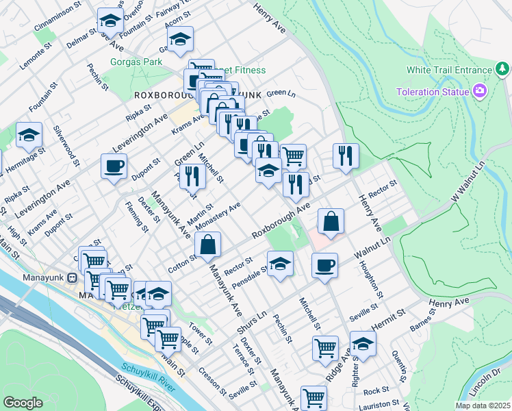 map of restaurants, bars, coffee shops, grocery stores, and more near 466 Gerhard Street in Philadelphia