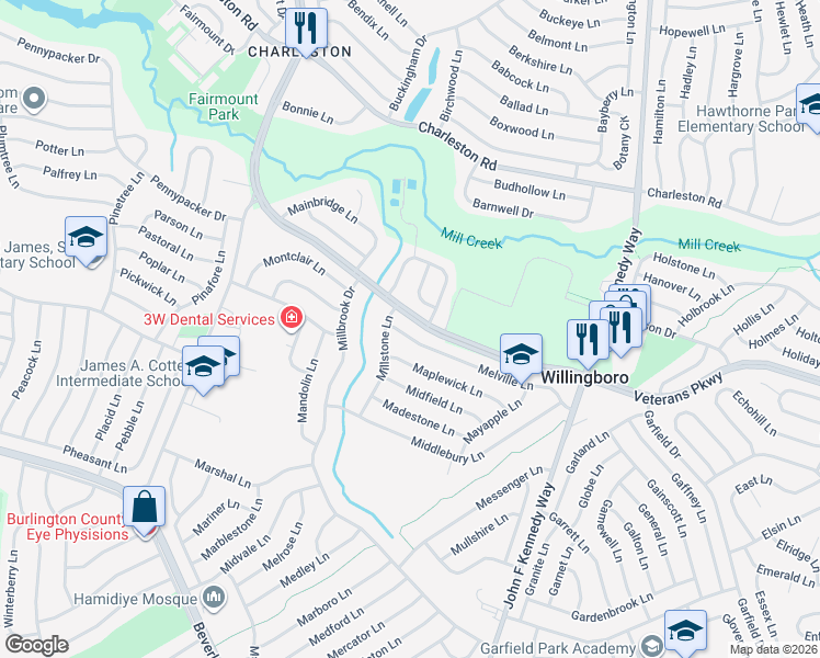 map of restaurants, bars, coffee shops, grocery stores, and more near 9 Melville Lane in Willingboro