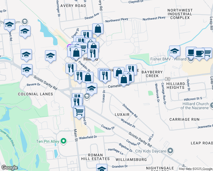map of restaurants, bars, coffee shops, grocery stores, and more near 5224 Cemetery Road in Hilliard