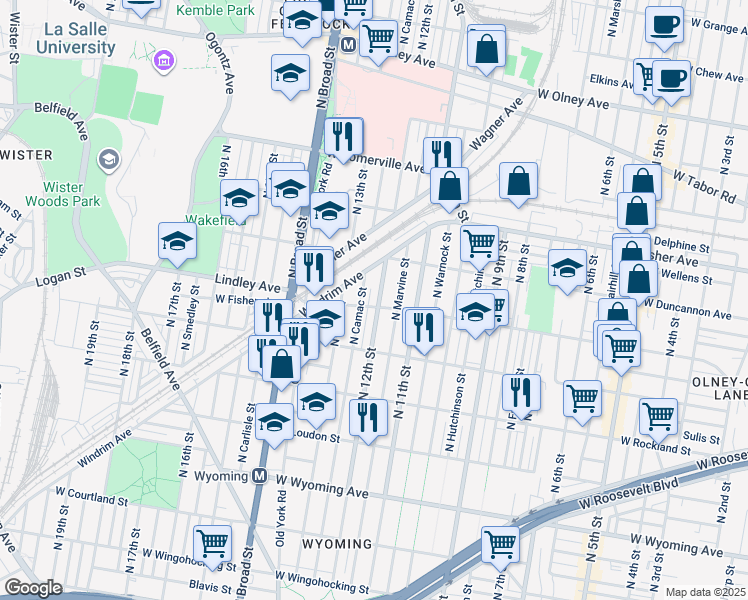 map of restaurants, bars, coffee shops, grocery stores, and more near 1201 Lindley Avenue in Philadelphia