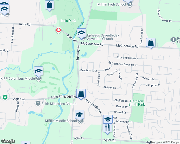 map of restaurants, bars, coffee shops, grocery stores, and more near 3033 Benchmark Drive in Columbus