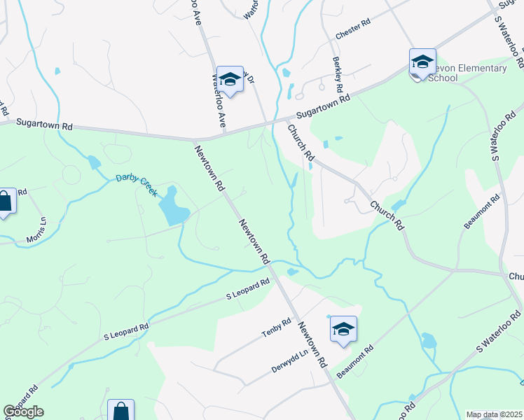 map of restaurants, bars, coffee shops, grocery stores, and more near 523 Newtown Road in Berwyn