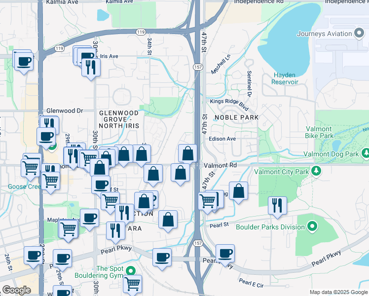 map of restaurants, bars, coffee shops, grocery stores, and more near 3030 Center Green Drive in Boulder