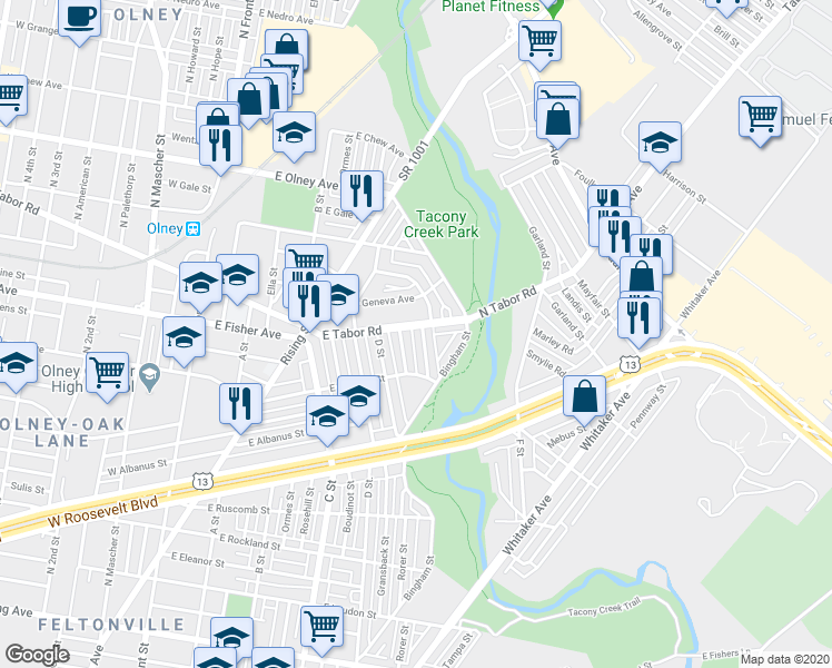 map of restaurants, bars, coffee shops, grocery stores, and more near 5248 Marwood Road East in Philadelphia
