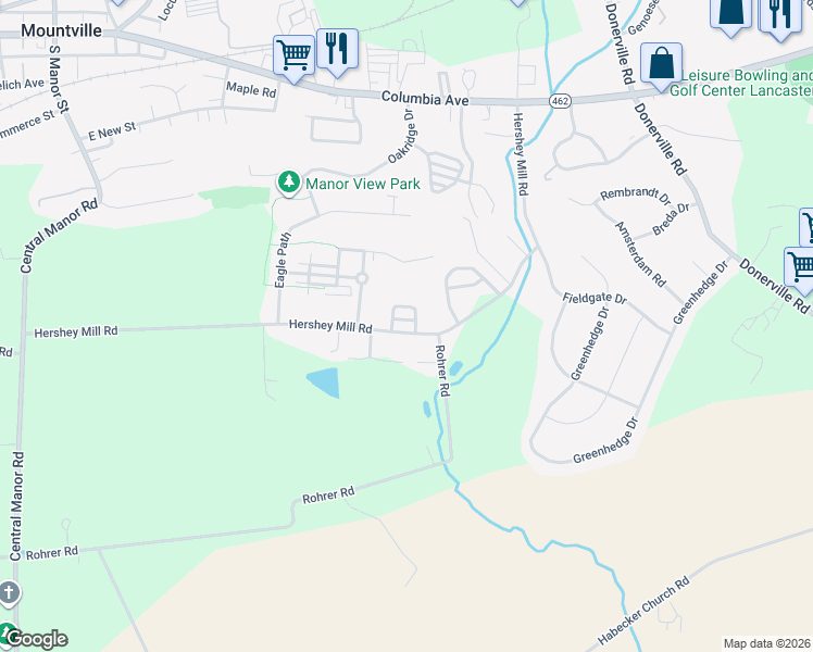 map of restaurants, bars, coffee shops, grocery stores, and more near 104 Farmhouse Lane in Mountville
