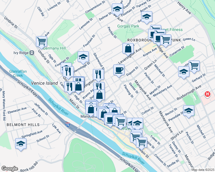 map of restaurants, bars, coffee shops, grocery stores, and more near 4550 Silverwood Street in Philadelphia
