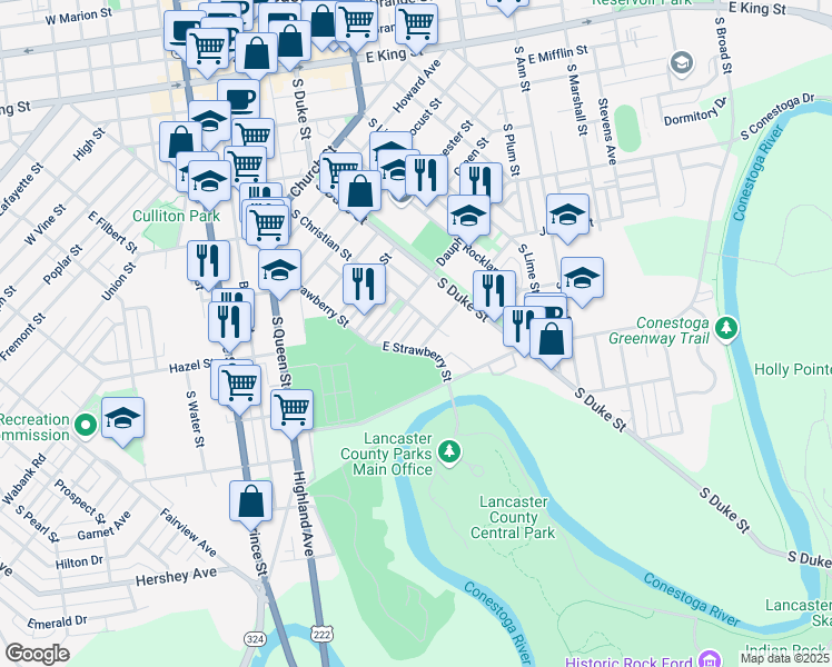 map of restaurants, bars, coffee shops, grocery stores, and more near 513 Terrace Road in Lancaster