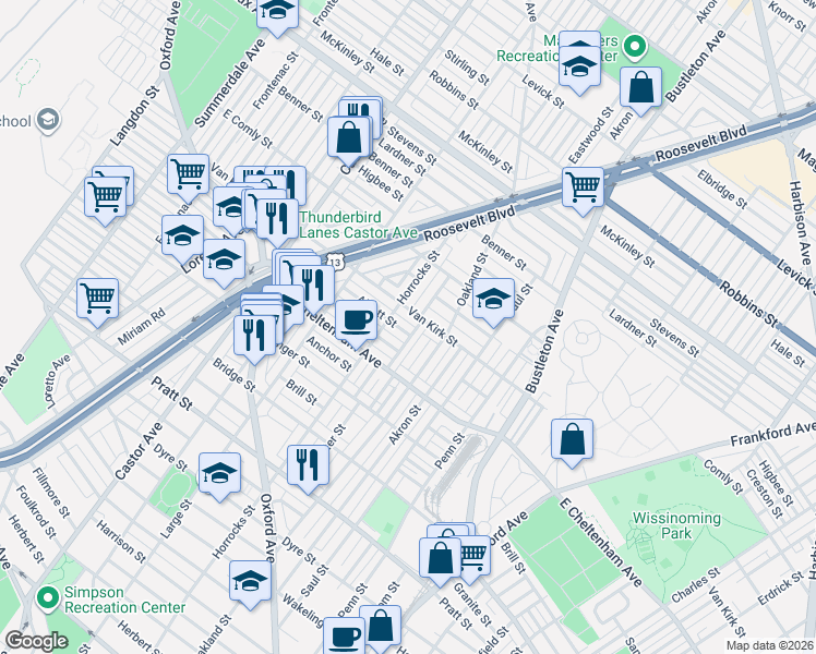 map of restaurants, bars, coffee shops, grocery stores, and more near 1509 Alcott Street in Philadelphia