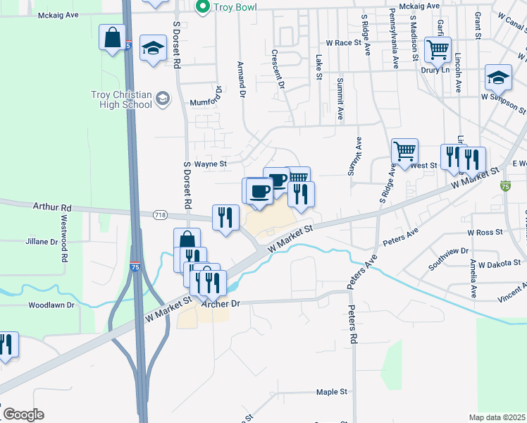 map of restaurants, bars, coffee shops, grocery stores, and more near 765 West Market Street in Troy