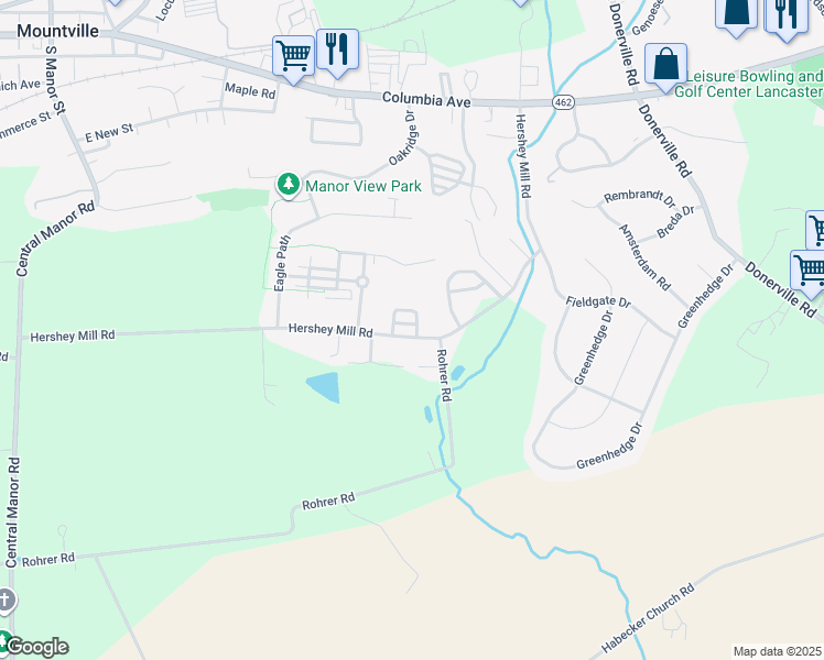 map of restaurants, bars, coffee shops, grocery stores, and more near 113 Farmhouse Lane in Mountville
