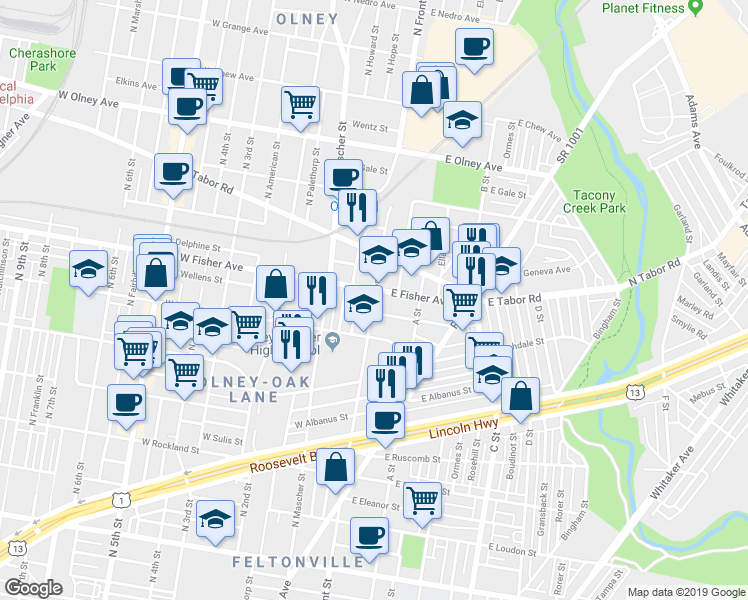 map of restaurants, bars, coffee shops, grocery stores, and more near 5235 North Front Street in Philadelphia