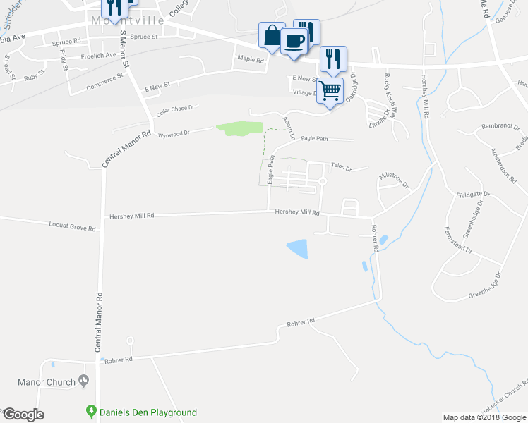 map of restaurants, bars, coffee shops, grocery stores, and more near 742 Hershey Mill Road in Mountville