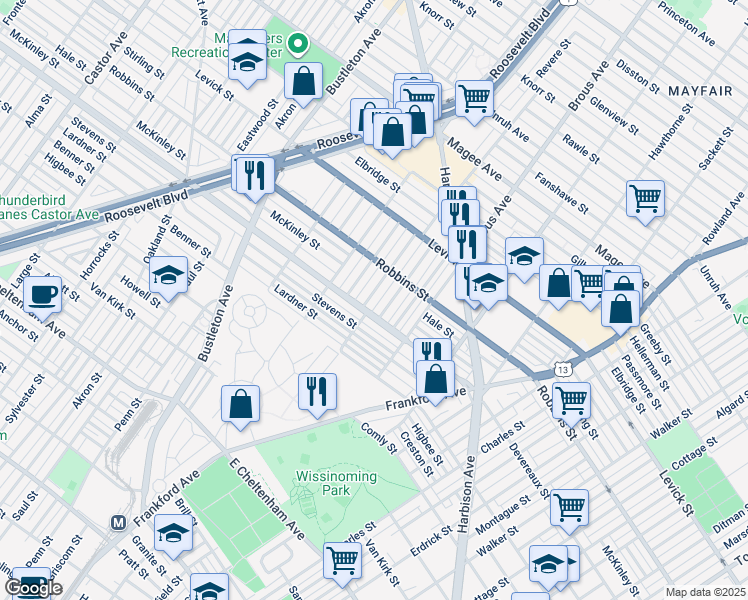 map of restaurants, bars, coffee shops, grocery stores, and more near 6213 Revere Street in Philadelphia