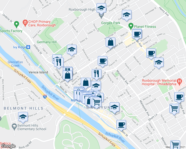 map of restaurants, bars, coffee shops, grocery stores, and more near 4550 Silverwood Street in Philadelphia