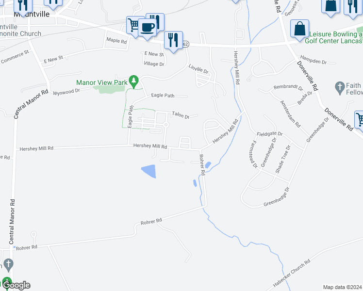map of restaurants, bars, coffee shops, grocery stores, and more near 114 Farmhouse Lane in Mountville