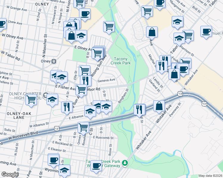 map of restaurants, bars, coffee shops, grocery stores, and more near 5252 Marwood Road in Philadelphia