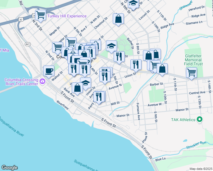 map of restaurants, bars, coffee shops, grocery stores, and more near 209 South 4th Street in Columbia