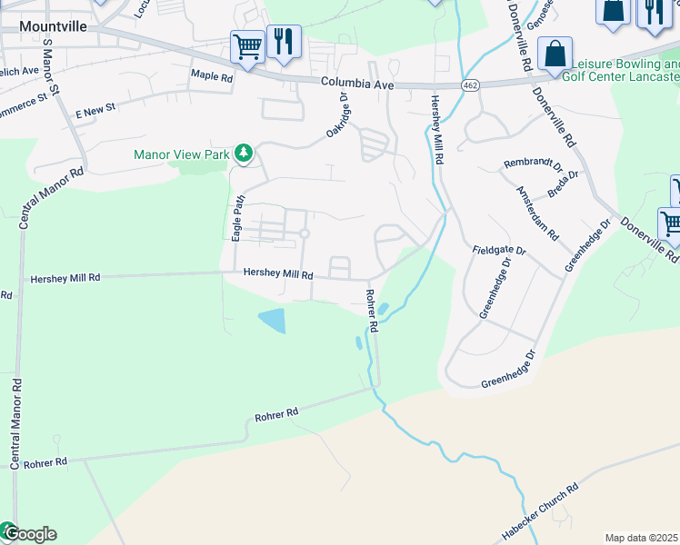 map of restaurants, bars, coffee shops, grocery stores, and more near 106 Farmhouse Lane in Mountville