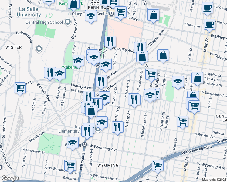 map of restaurants, bars, coffee shops, grocery stores, and more near 5107 North 13th Street in Philadelphia