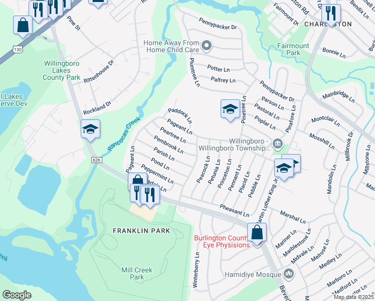 map of restaurants, bars, coffee shops, grocery stores, and more near 59 Pembrook Lane in Willingboro