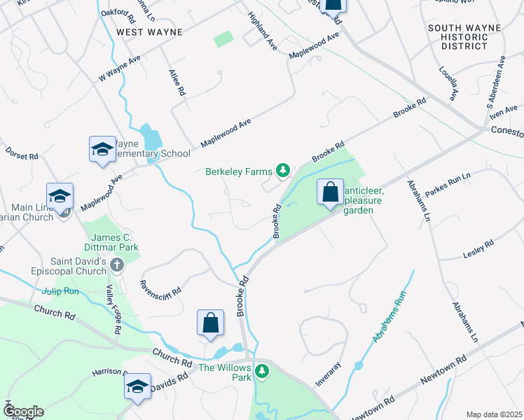 map of restaurants, bars, coffee shops, grocery stores, and more near 108 Overlook Lane in Saint Davids