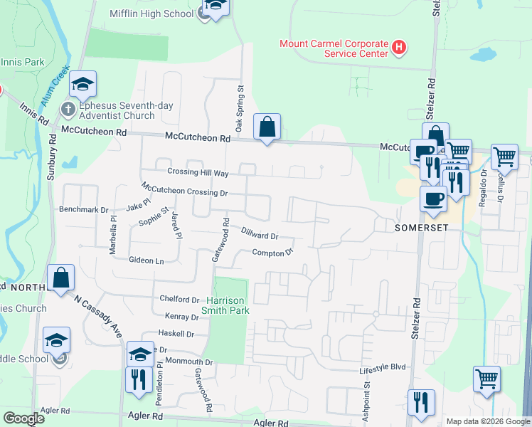 map of restaurants, bars, coffee shops, grocery stores, and more near 2867 Alderwood Drive in Columbus