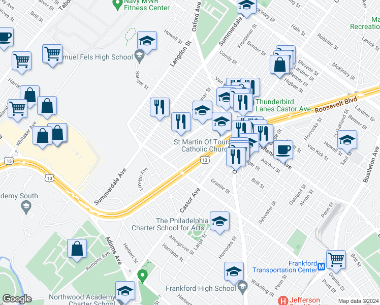 map of restaurants, bars, coffee shops, grocery stores, and more near 5563 Miriam Road in Philadelphia