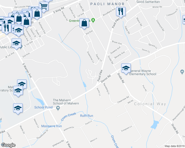 map of restaurants, bars, coffee shops, grocery stores, and more near 302 Albans Court in Malvern