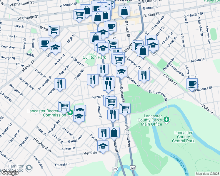 map of restaurants, bars, coffee shops, grocery stores, and more near 437 South Prince Street in Lancaster