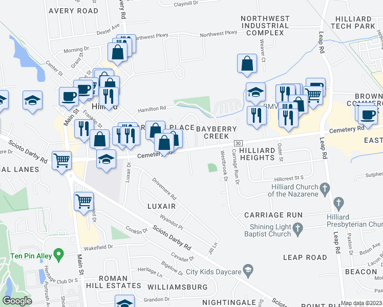 map of restaurants, bars, coffee shops, grocery stores, and more near 5029 Cemetery Road in Hilliard