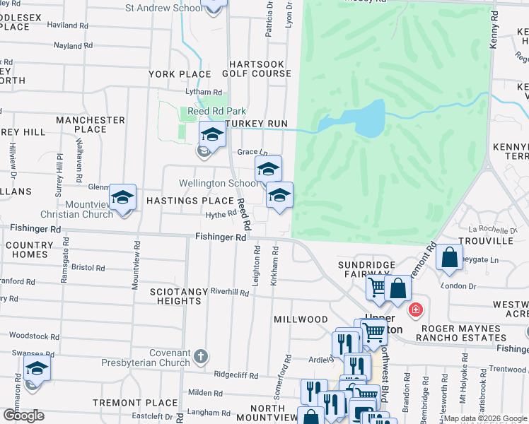 map of restaurants, bars, coffee shops, grocery stores, and more near 3650 Reed Road in Columbus