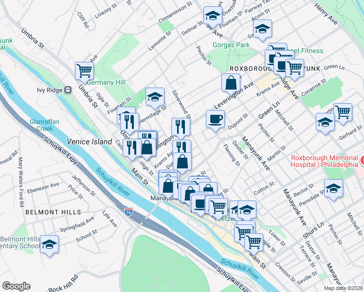 map of restaurants, bars, coffee shops, grocery stores, and more near 227 Krams Avenue in Philadelphia