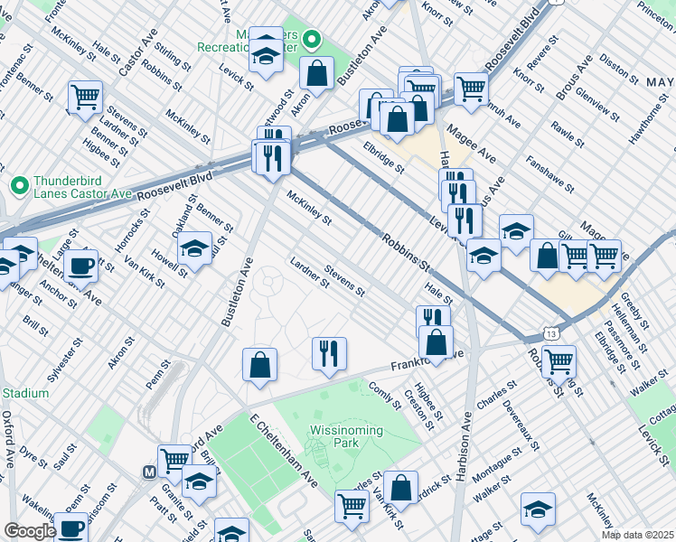 map of restaurants, bars, coffee shops, grocery stores, and more near 2705 Stevens St in Philadelphia