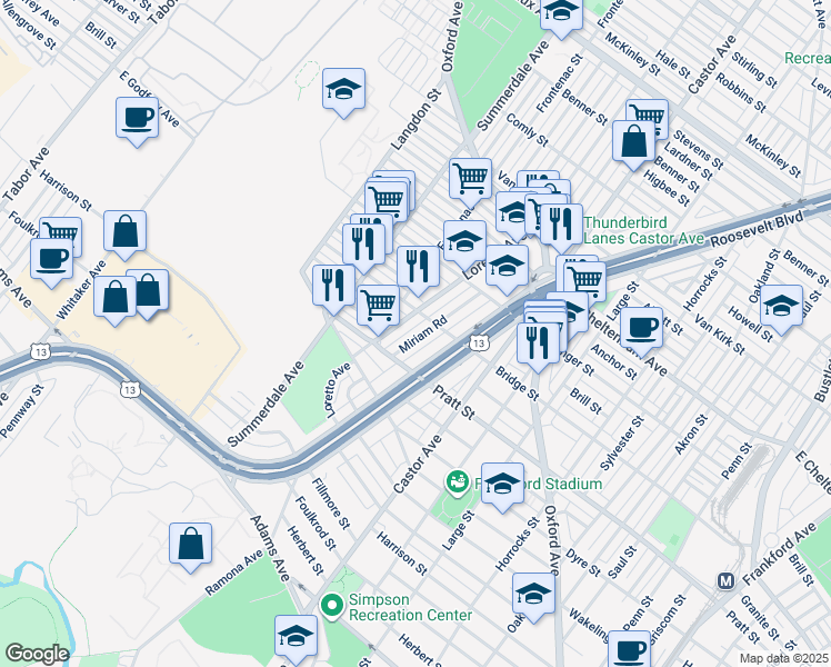 map of restaurants, bars, coffee shops, grocery stores, and more near 5542 Miriam Road in Philadelphia