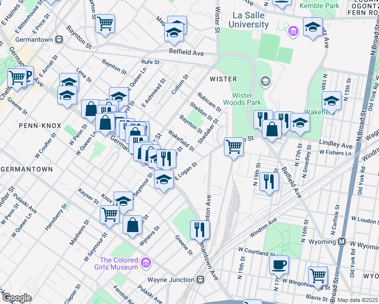 map of restaurants, bars, coffee shops, grocery stores, and more near 4932 Wakefield Street in Philadelphia