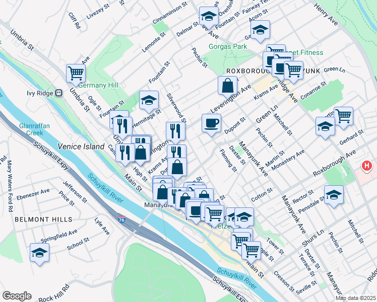 map of restaurants, bars, coffee shops, grocery stores, and more near 232 Dupont Street in Philadelphia