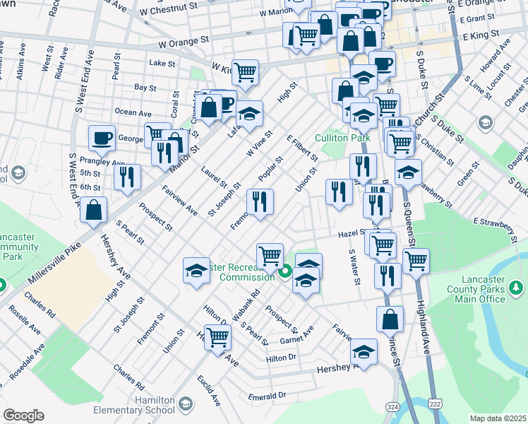map of restaurants, bars, coffee shops, grocery stores, and more near 319 Laurel Street in Lancaster