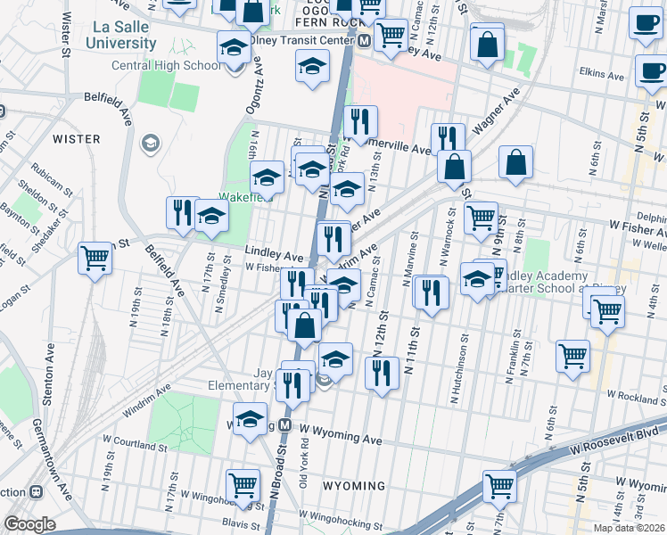 map of restaurants, bars, coffee shops, grocery stores, and more near 1319 Lindley Avenue in Philadelphia