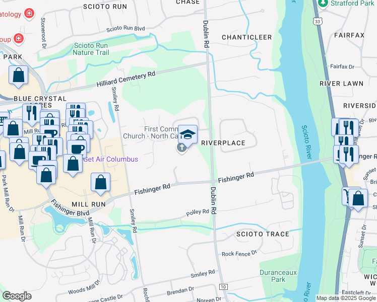 map of restaurants, bars, coffee shops, grocery stores, and more near 3777 Dublin Road in Columbus