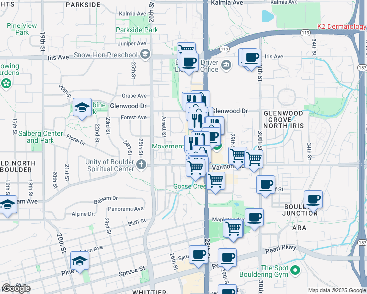 map of restaurants, bars, coffee shops, grocery stores, and more near 3066 Littleleaf Lane in Boulder