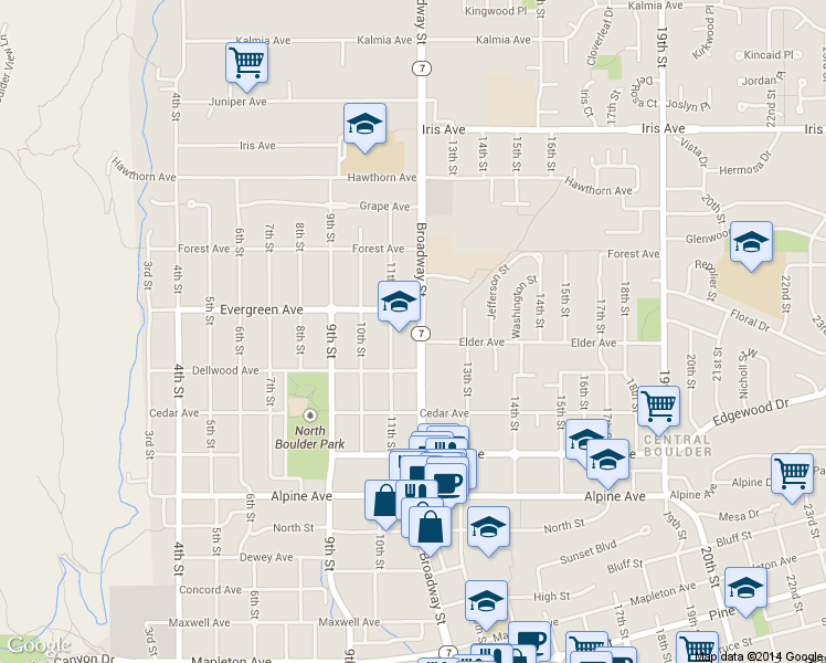 map of restaurants, bars, coffee shops, grocery stores, and more near in Boulder