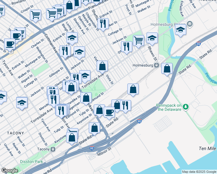 map of restaurants, bars, coffee shops, grocery stores, and more near 4774 Loring Street in Philadelphia